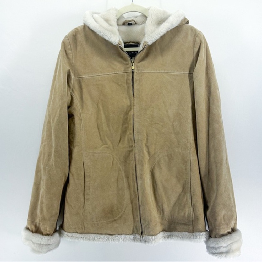 Vintage Adler Collection Beige Suede Leather Sherpa Hooded Jacket Small